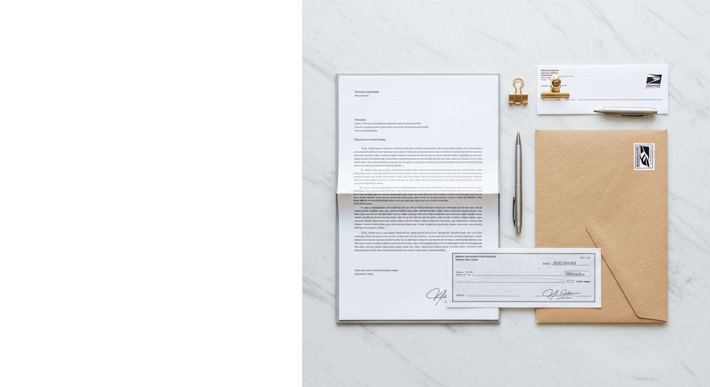 Formal check, legal letter, and stamped envelope arranged on a white desk representing required physical check payment
