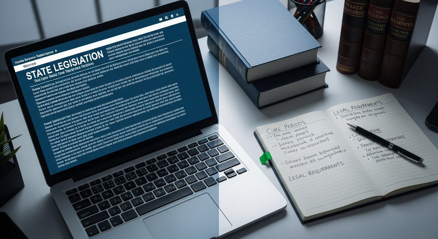 Laptop and legal reference materials showing state landlord-tenant law research