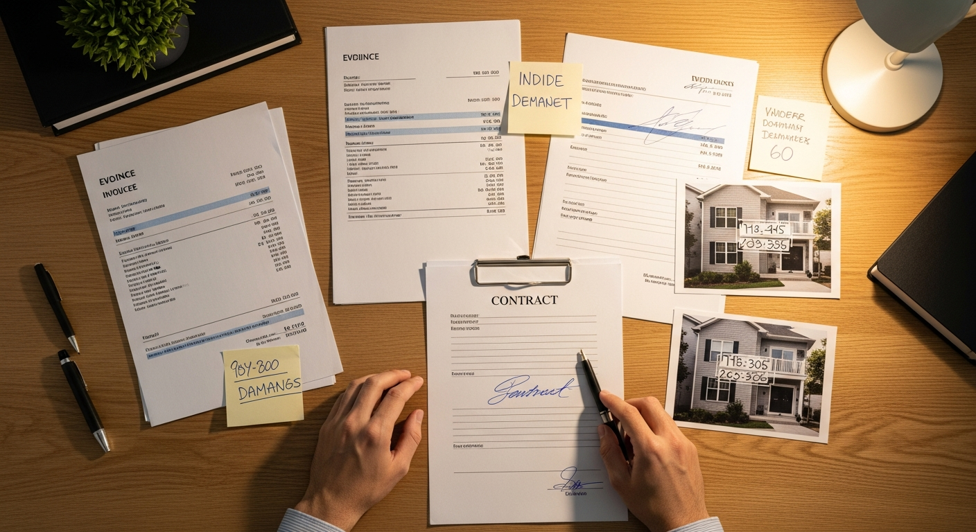Organized evidence documents including invoices, contracts, and photos on desktop