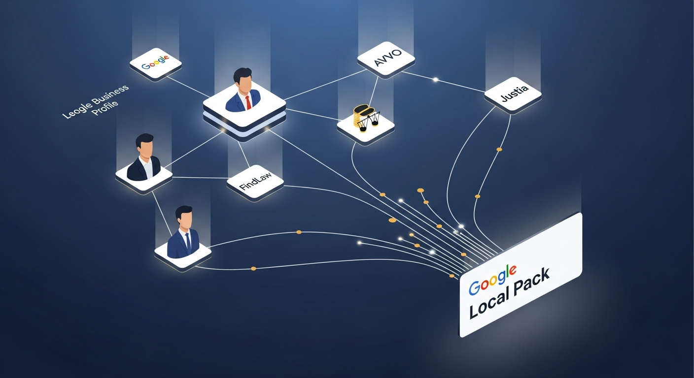 Network diagram showing legal directories connected to Google Local Pack rankings