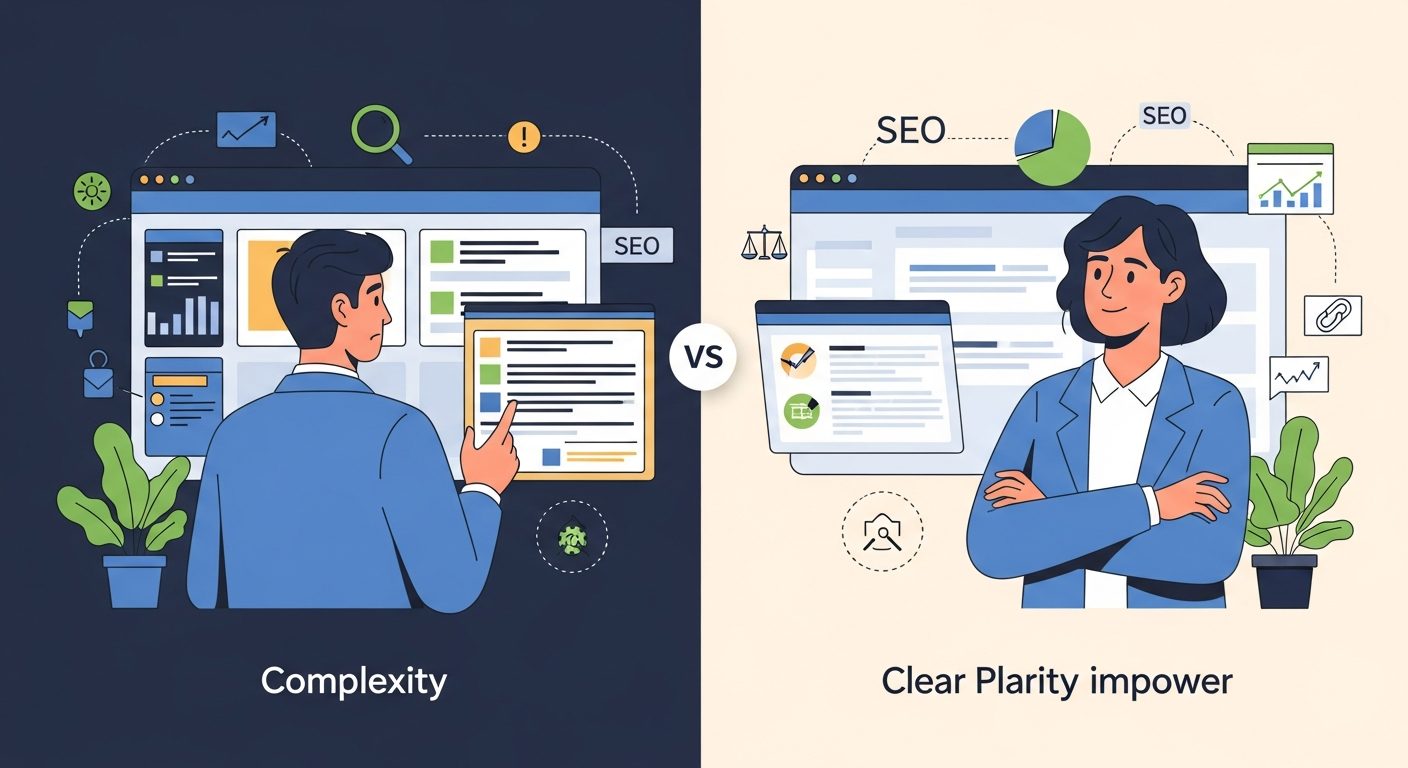 Illustration comparing confusion from complex SEO jargon versus clarity from plain-language explanations